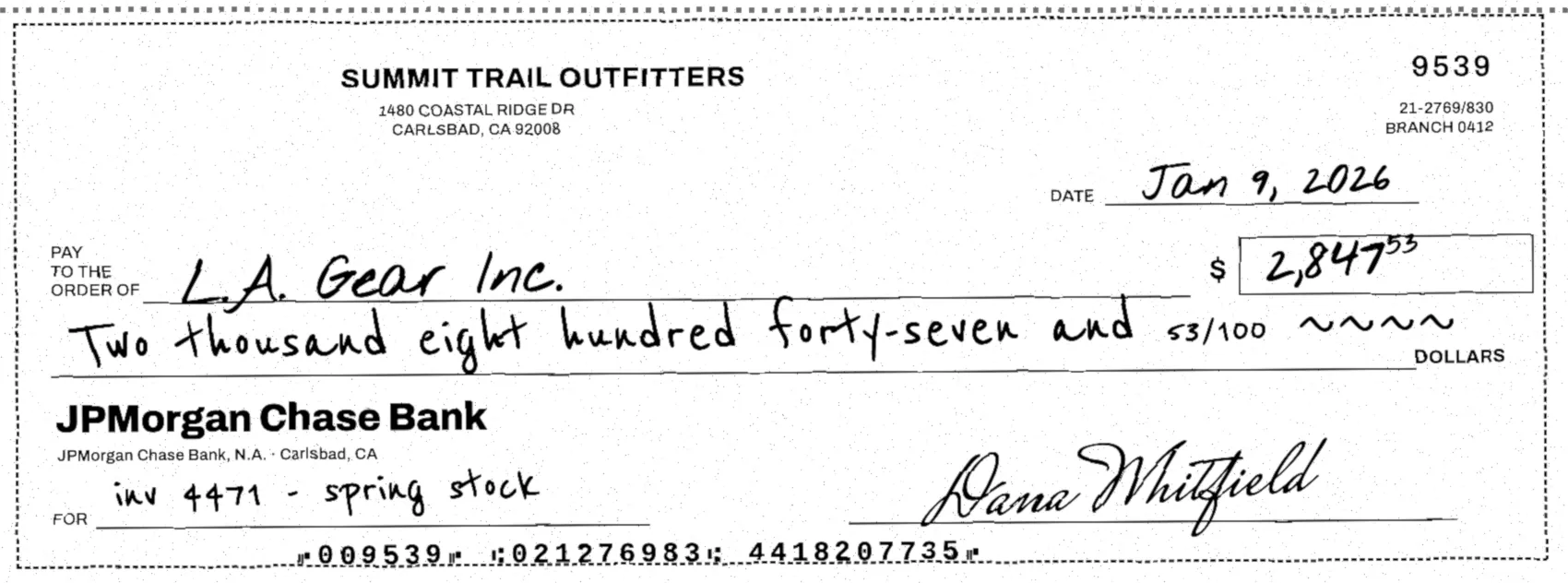 A handwritten check from Summit Trail Outfitters to L.A. Gear Inc for $2,847.53